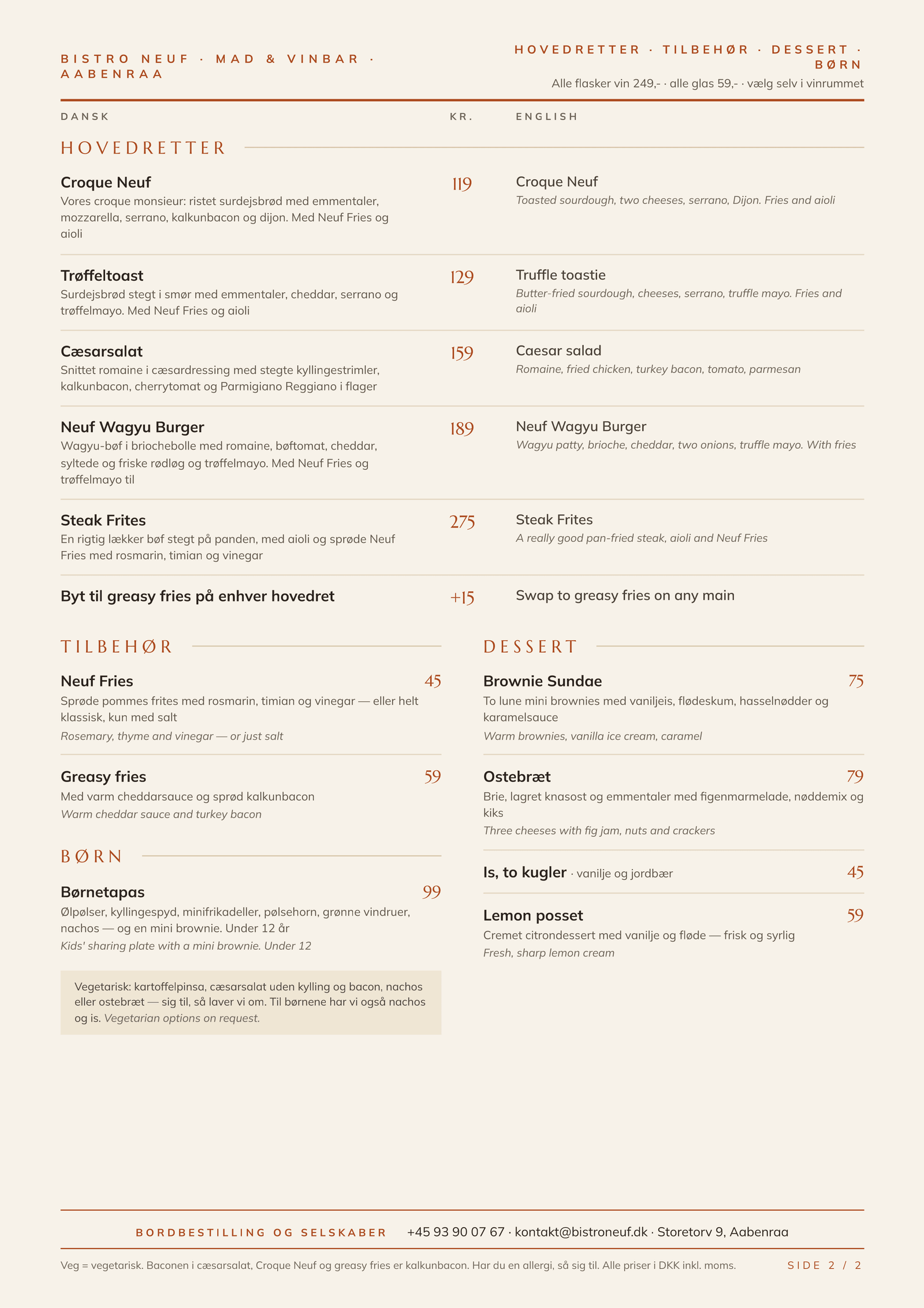 Hovedretter & dessert – Bistro Neuf