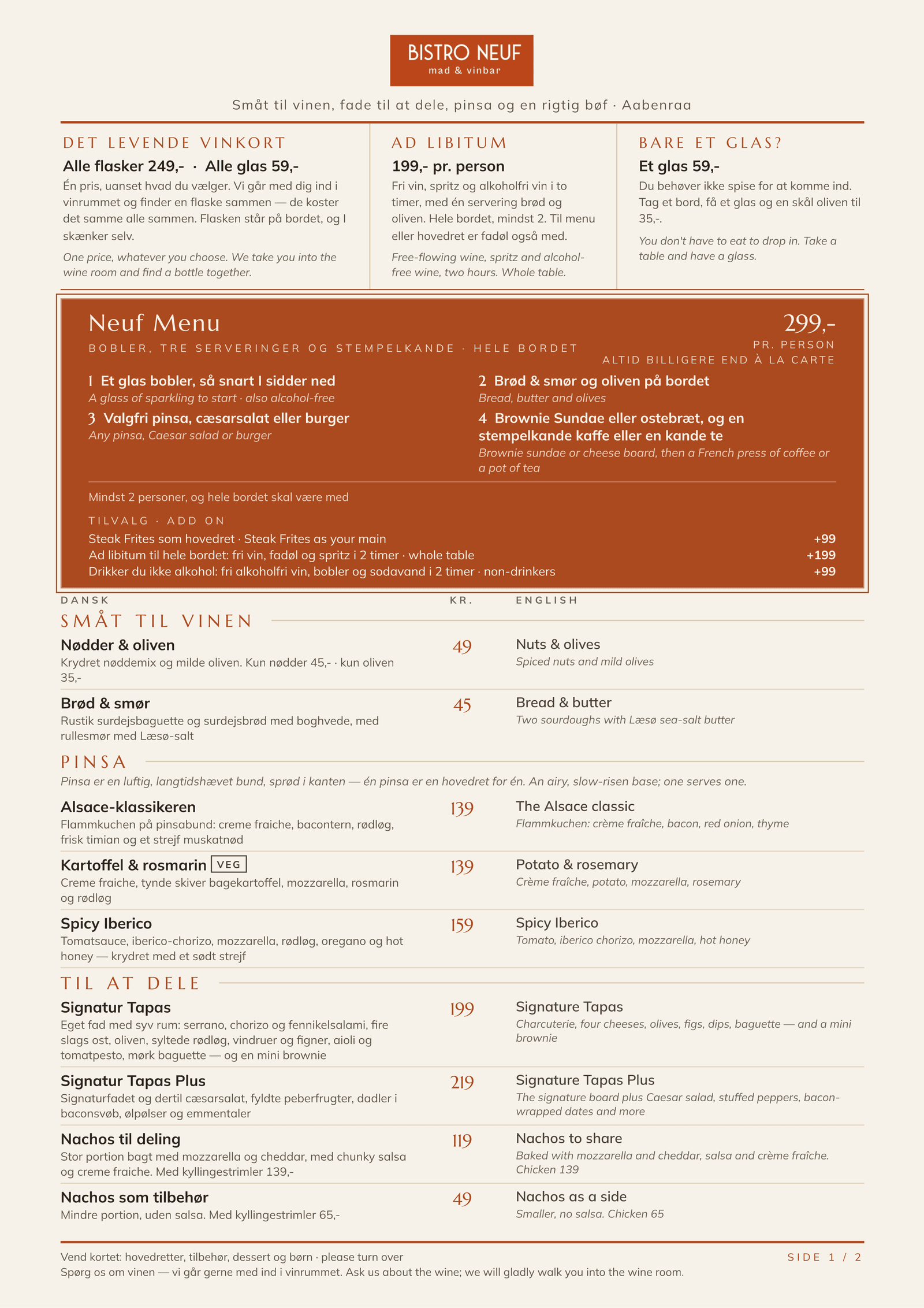 Menu & til at dele – Bistro Neuf